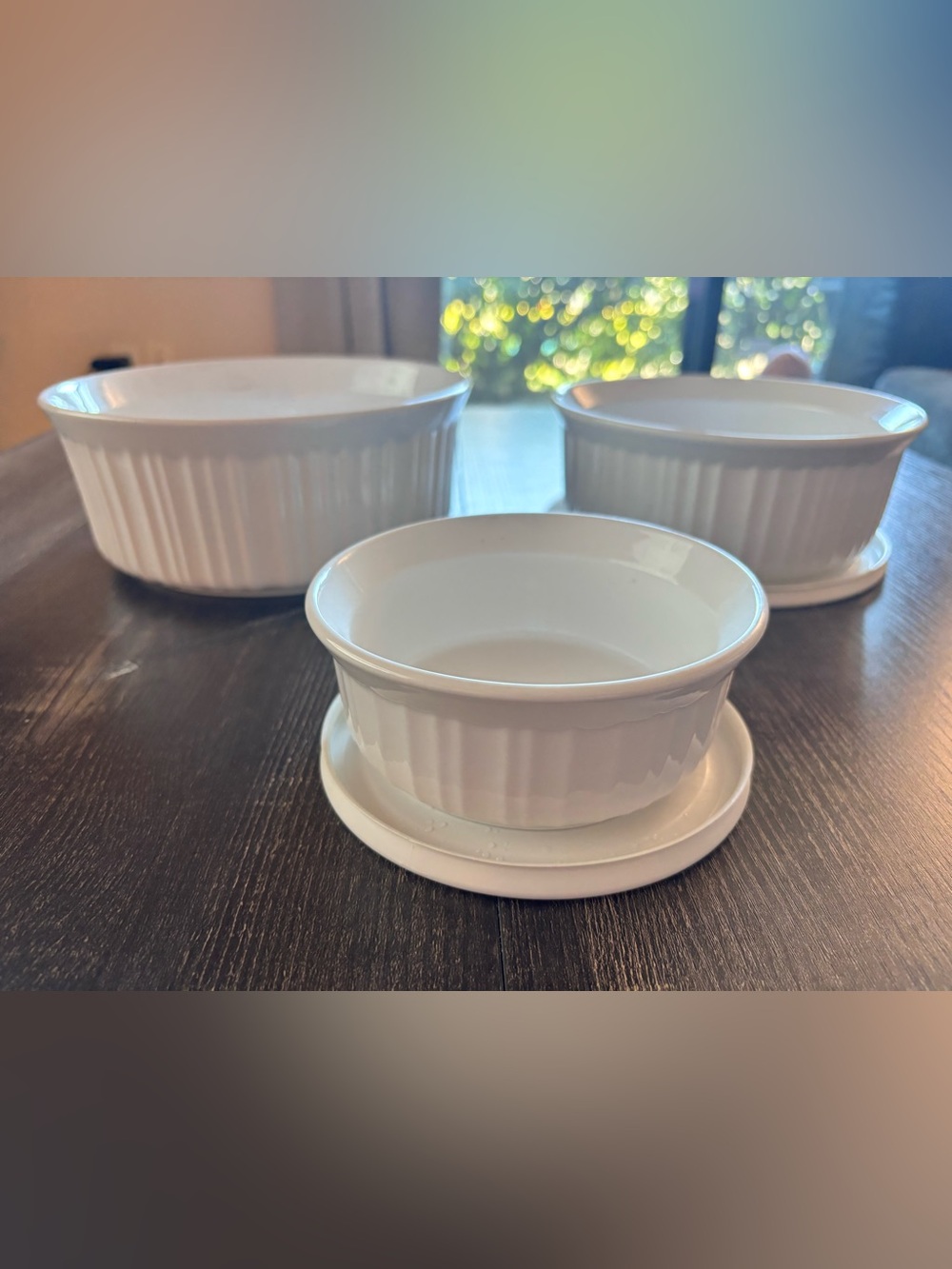 Corningware White Fluted Ceramic Ramekins with Saucers - Set of 3